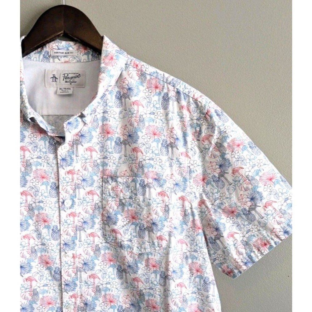 Original Penguin Mens XL Flamingo Pineapple Floral Short Sleeve Shirt Casual